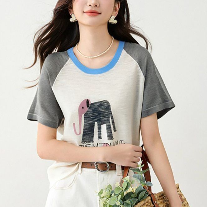 봄 여름 여성 슬림핏 캐릭터 프린트 반팔 티셔츠 레트로룩 데일리룩 배색 나그랑 라운드넥 - 메인 이미지