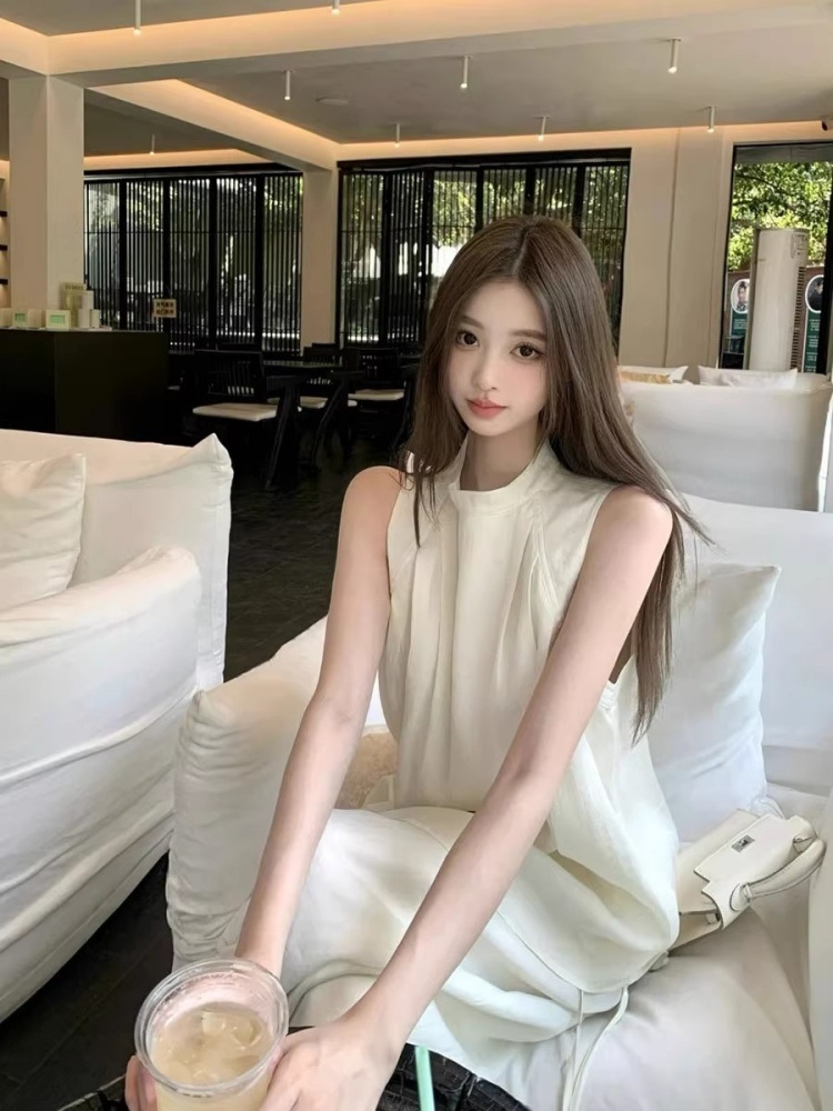 라운드넥민소매블라우스 와이드팬츠 투피스세트 코디 캐주얼 오피스룩 루즈핏 고급 여름 화이트 - 상세 이미지 5