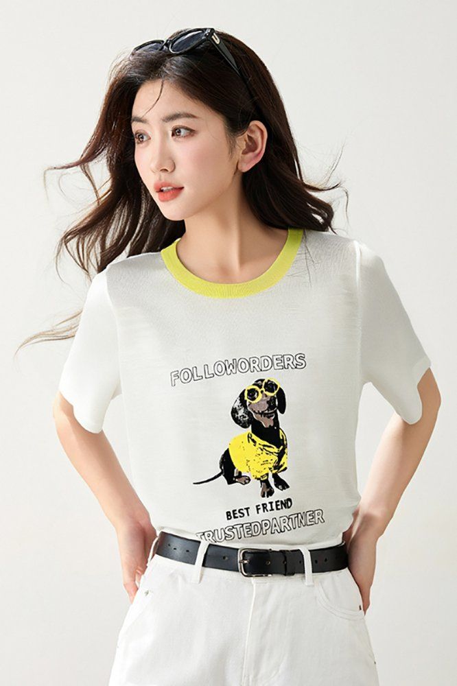 봄 여름 여성 루즈핏 캐릭터 레터링 반팔 티셔츠 스윗룩 데일리룩 배색 라운드넥 포인트 - 상세 이미지 2