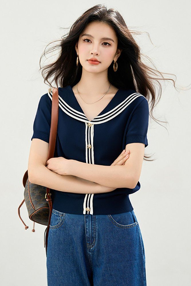 봄 여름 여성 슬림핏 세일러 카라 반팔 가디건 마린룩 데일리룩 브이넥 배색 버튼 포인트 - 상세 이미지 2