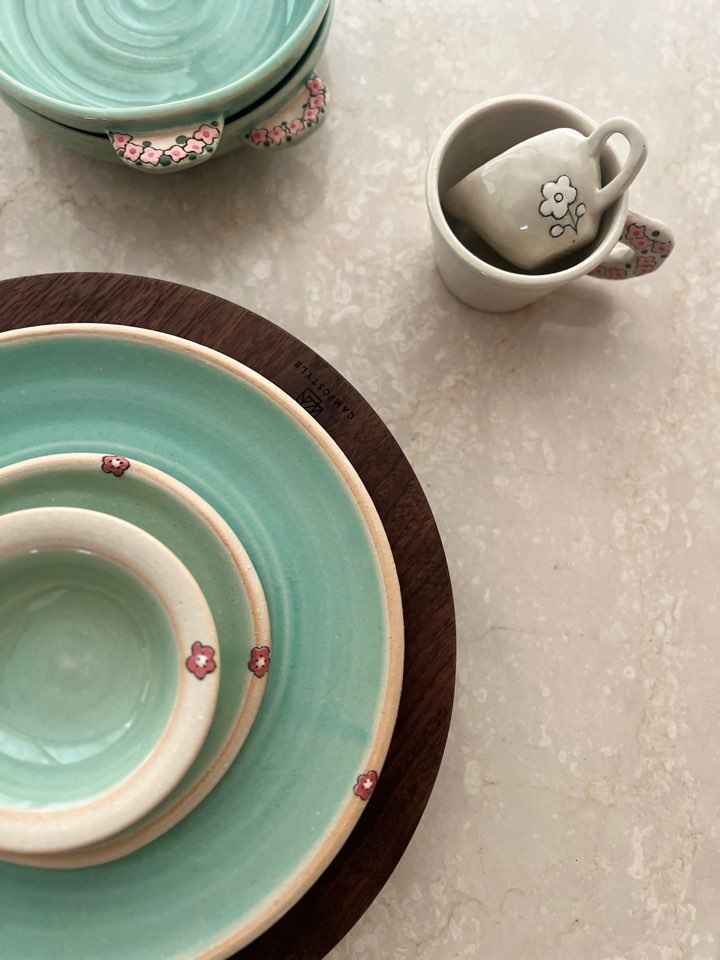 여우자기 체리블러썸 도자기 접시 세트 민트컬러 대형 중형 식기 구성