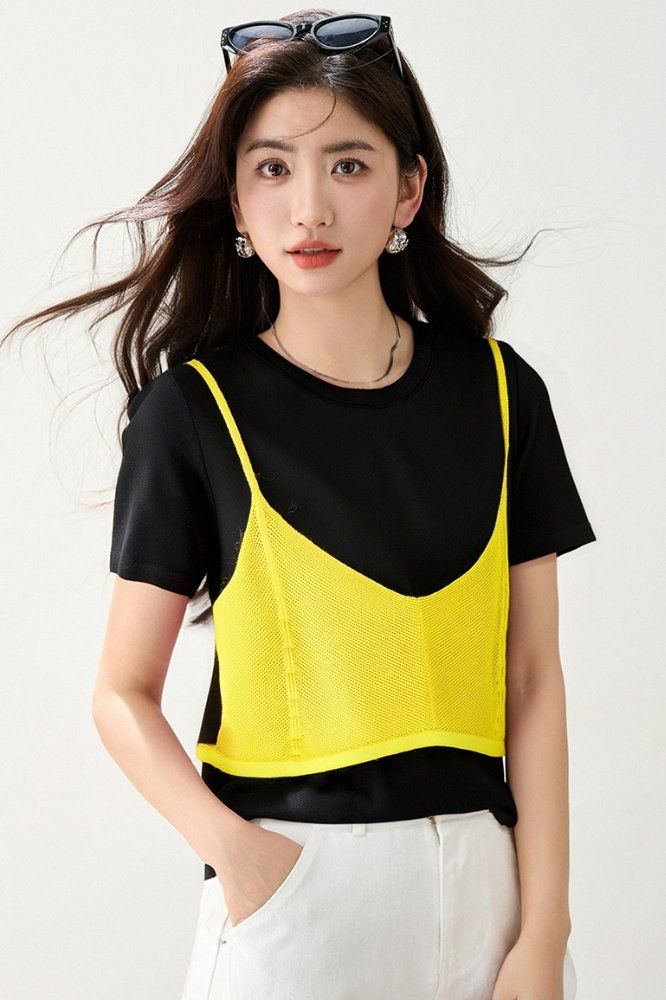 봄 여름 여성 슬림핏 레이어드 나시 반팔 티셔츠 세트 캐주얼룩 데일리룩 메쉬 배색 포인트 - 상세 이미지 5