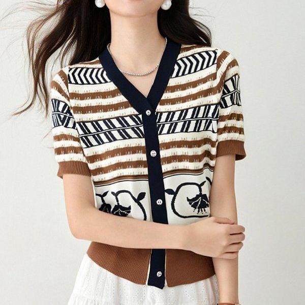 봄 여름 여성 슬림핏 에스닉 패턴 반팔 가디건 빈티지룩 페미닌룩 브이넥 배색 버튼 니트