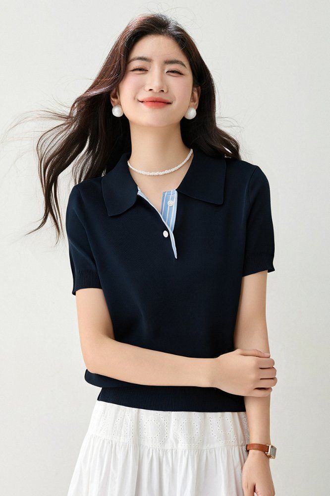 봄 여름 여성 슬림핏 배색 카라 반팔 니트 출근룩 데일리룩 레트로 버튼 포인트 단정한 - 상세 이미지 4