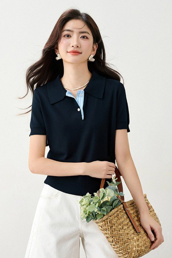봄 여름 여성 슬림핏 배색 카라 반팔 니트 출근룩 데일리룩 레트로 버튼 포인트 단정한 - 상세 이미지 2
