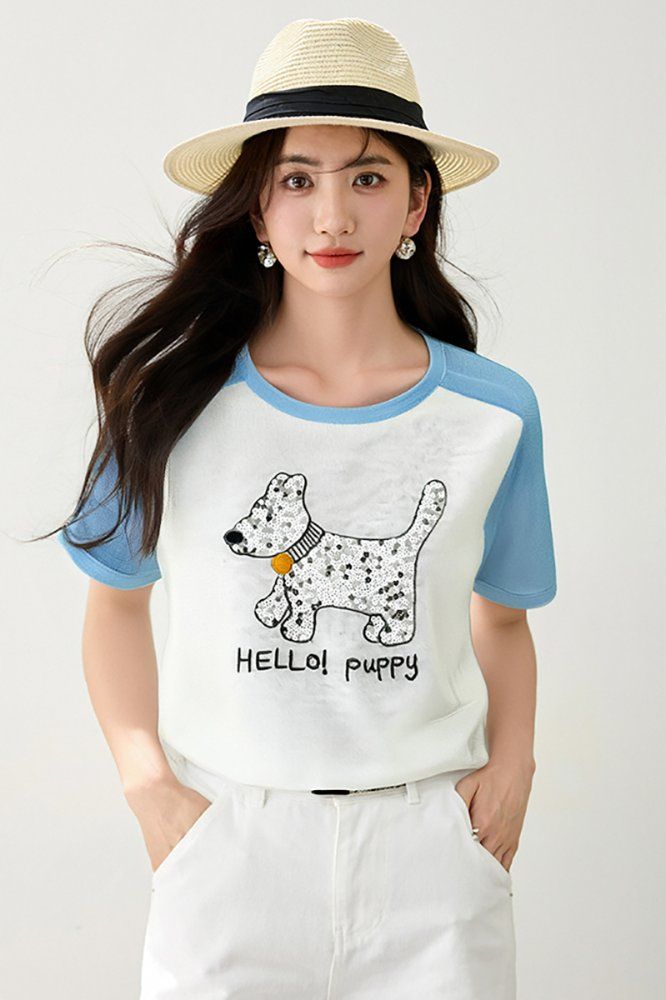 봄 여름 여성 슬림핏 강아지 캐릭터 반팔 티셔츠 캐주얼룩 데일리룩 배색 나그랑 라운드넥 - 상세 이미지 3