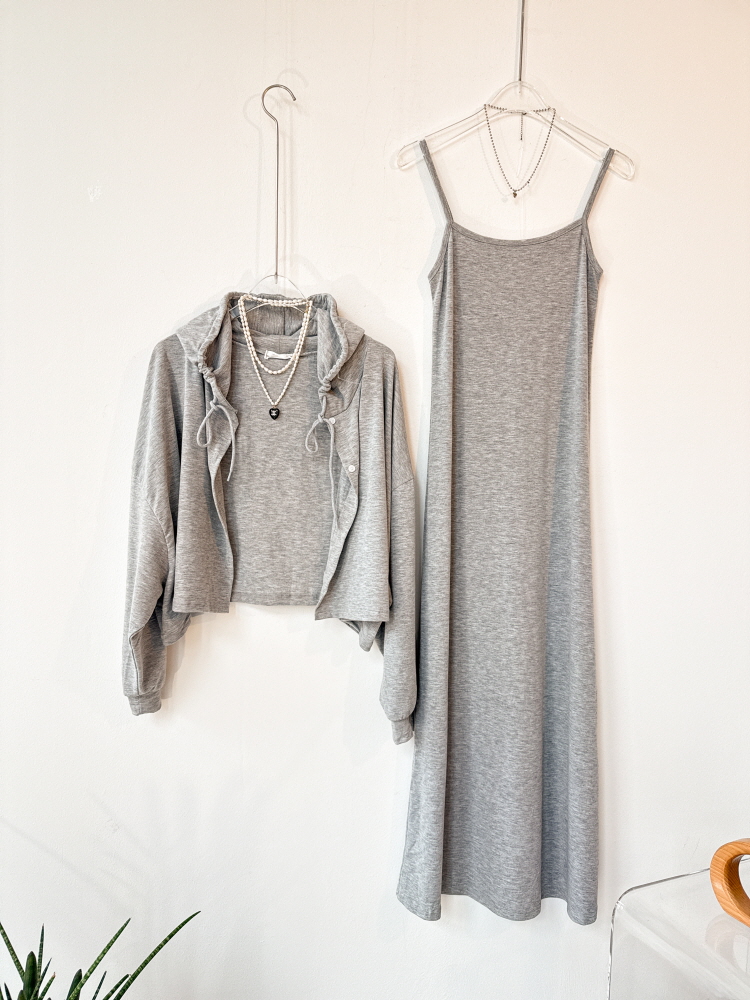 크롭 후드가디건 끈나시 뷔스티에 롱원피스 세트