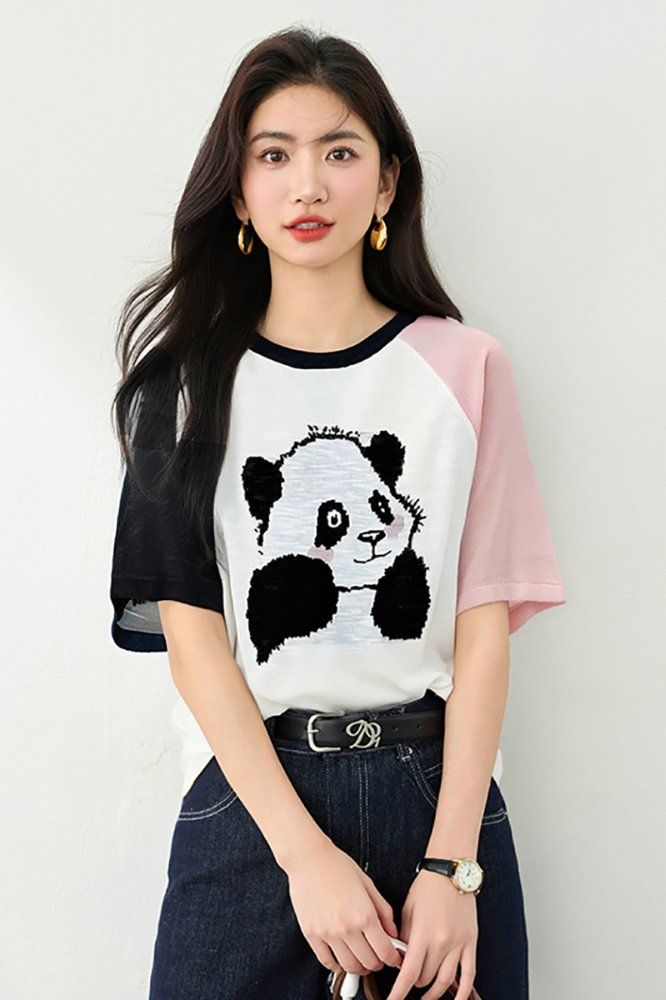 봄 여름 여성 슬림핏 팬더 나그랑 반팔 티셔츠 캐주얼룩 데일리룩 배색 라운드넥 캐릭터 - 상세 이미지 4