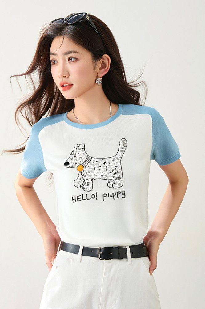봄 여름 여성 슬림핏 강아지 캐릭터 반팔 티셔츠 캐주얼룩 데일리룩 배색 나그랑 라운드넥 - 상세 이미지 2