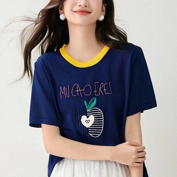 봄 여름 여성 루즈핏 과일 자수 반팔 티셔츠 아티스틱룩 데일리룩 배색 라운드넥 레터링 - 상품 이미지