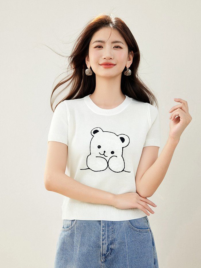 봄 여름 여성 슬림핏 곰돌이 캐릭터 반팔 니트 캐주얼룩 데일리룩 귀여운 라운드넥 티셔츠 - 상세 이미지 2