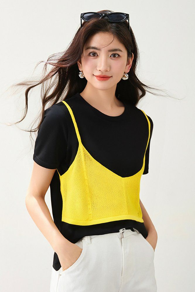 봄 여름 여성 슬림핏 레이어드 나시 반팔 티셔츠 세트 캐주얼룩 데일리룩 메쉬 배색 포인트 - 상세 이미지 3