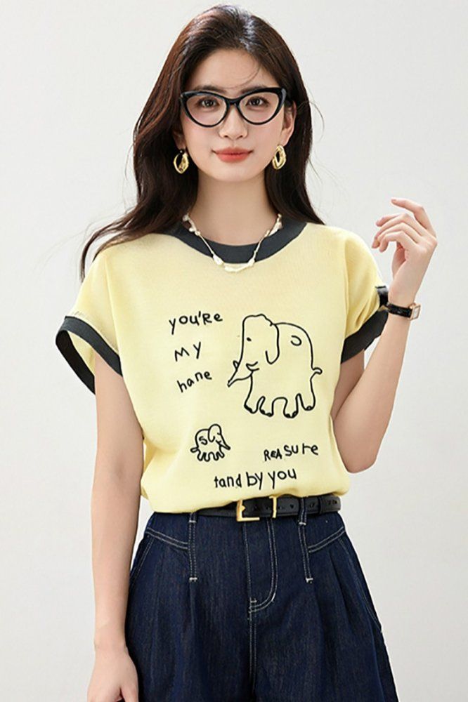 봄 여름 여성 슬림핏 캐릭터 레터링 반팔 티셔츠 캐주얼룩 데일리룩 배색 라운드넥 포인트 - 상세 이미지 5