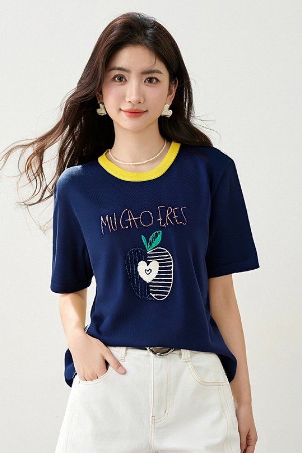 봄 여름 여성 루즈핏 과일 자수 반팔 티셔츠 아티스틱룩 데일리룩 배색 라운드넥 레터링 - 상세 이미지 2