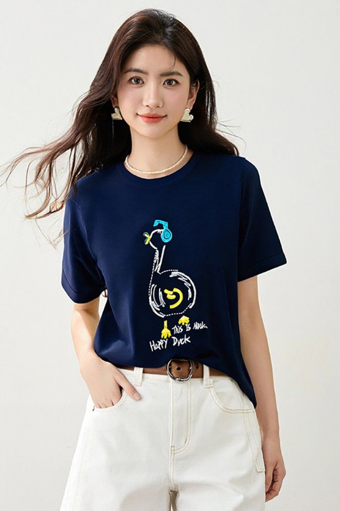봄 여름 여성 루즈핏 캐릭터 레터링 반팔 티셔츠 캐주얼룩 데일리룩 유니크 라운드넥 포인트 - 상세 이미지 3