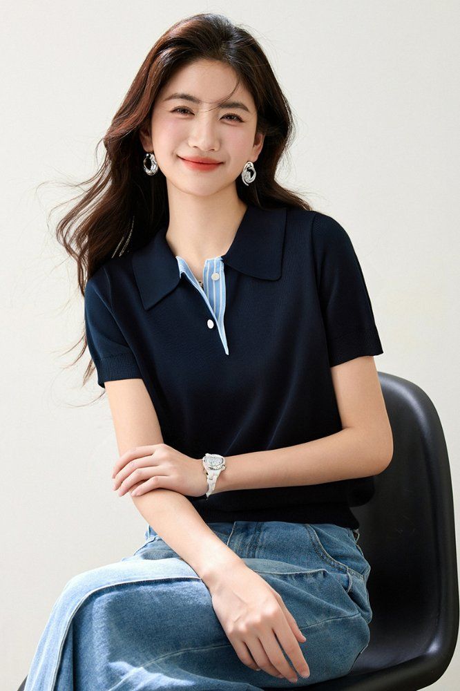 봄 여름 여성 슬림핏 배색 카라 반팔 니트 출근룩 데일리룩 레트로 버튼 포인트 단정한 - 상세 이미지 3