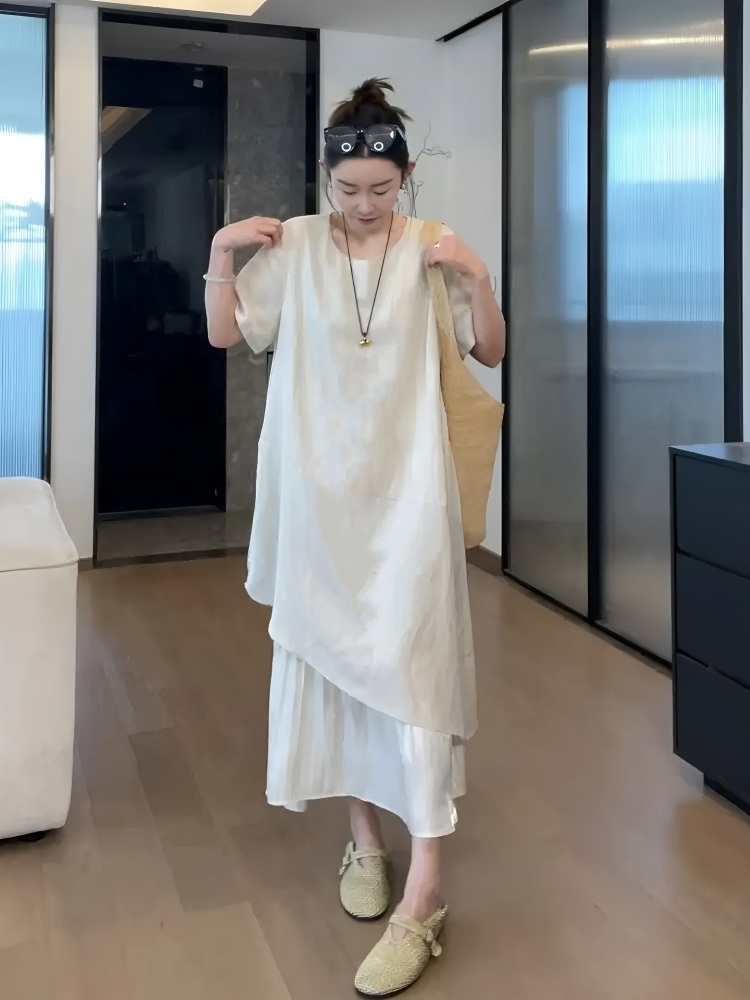 라운드넥 빅사이즈 반팔롱원피스 루즈핏 레이어드 스타일 가짜투피스 프렌치 디자인 베이지화이트 - 상세 이미지 3