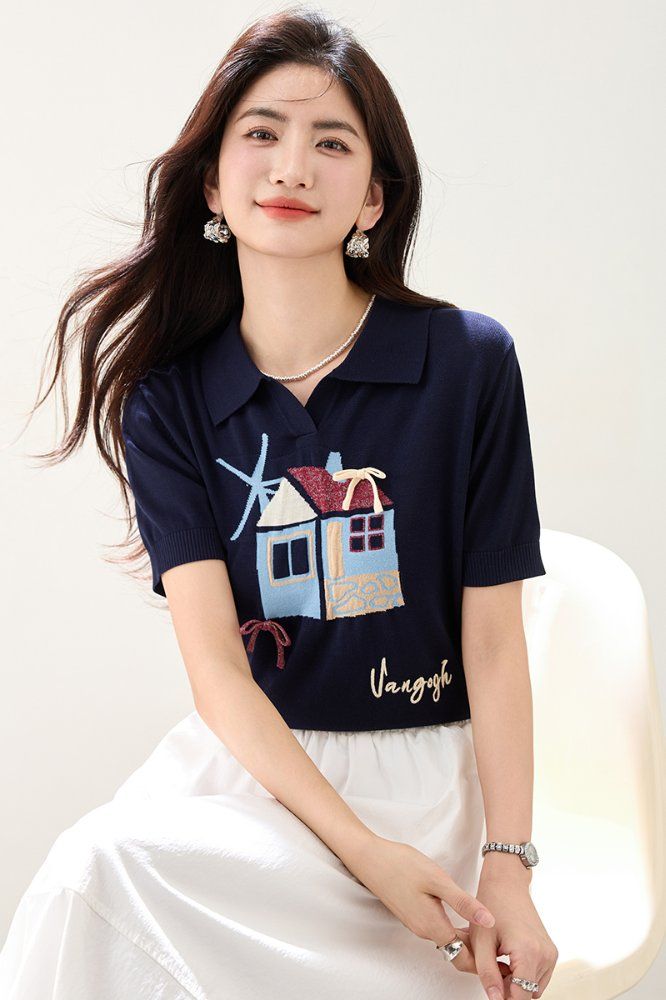 봄 여름 여성 슬림핏 풍경 자수 반팔 카라 니트 레트로룩 데일리룩 브이넥 레터링 포인트 - 상세 이미지 3