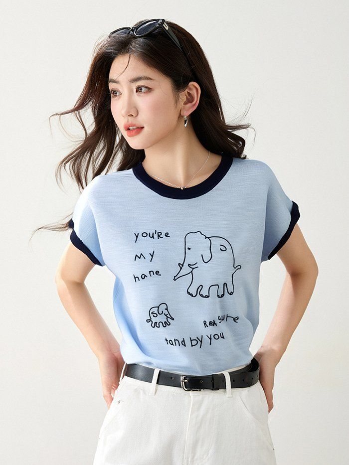 봄 여름 여성 슬림핏 캐릭터 레터링 반팔 티셔츠 캐주얼룩 데일리룩 배색 라운드넥 포인트 - 상세 이미지 3