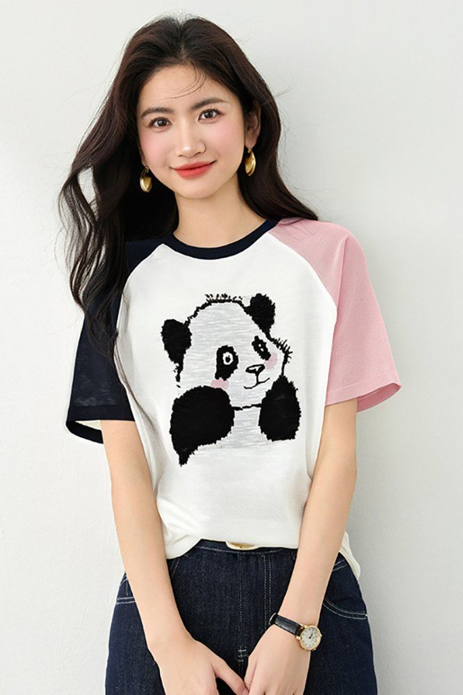 봄 여름 여성 슬림핏 팬더 나그랑 반팔 티셔츠 캐주얼룩 데일리룩 배색 라운드넥 캐릭터 - 상세 이미지 2