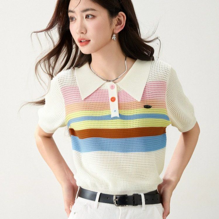 봄 여름 여성 슬림핏 컬러풀 스트라이프 카라 반팔 니트 페미닌룩 데일리룩 펀칭 버튼 포인트 - 상품 이미지