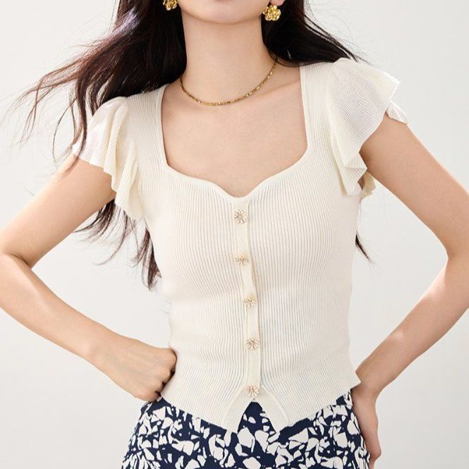 봄 여름 여성 슬림핏 프릴소매 반팔 가디건 페미닌룩 로맨틱룩 스퀘어넥 골지 버튼 포인트