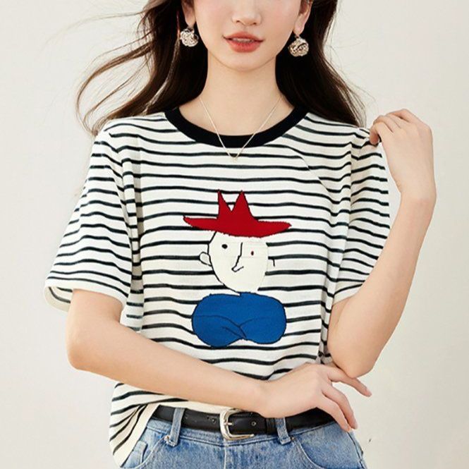 봄 여름 여성 슬림핏 스트라이프 캐릭터 프린트 반팔 티셔츠 캐주얼룩 데일리룩 라운드넥 - 상품 이미지