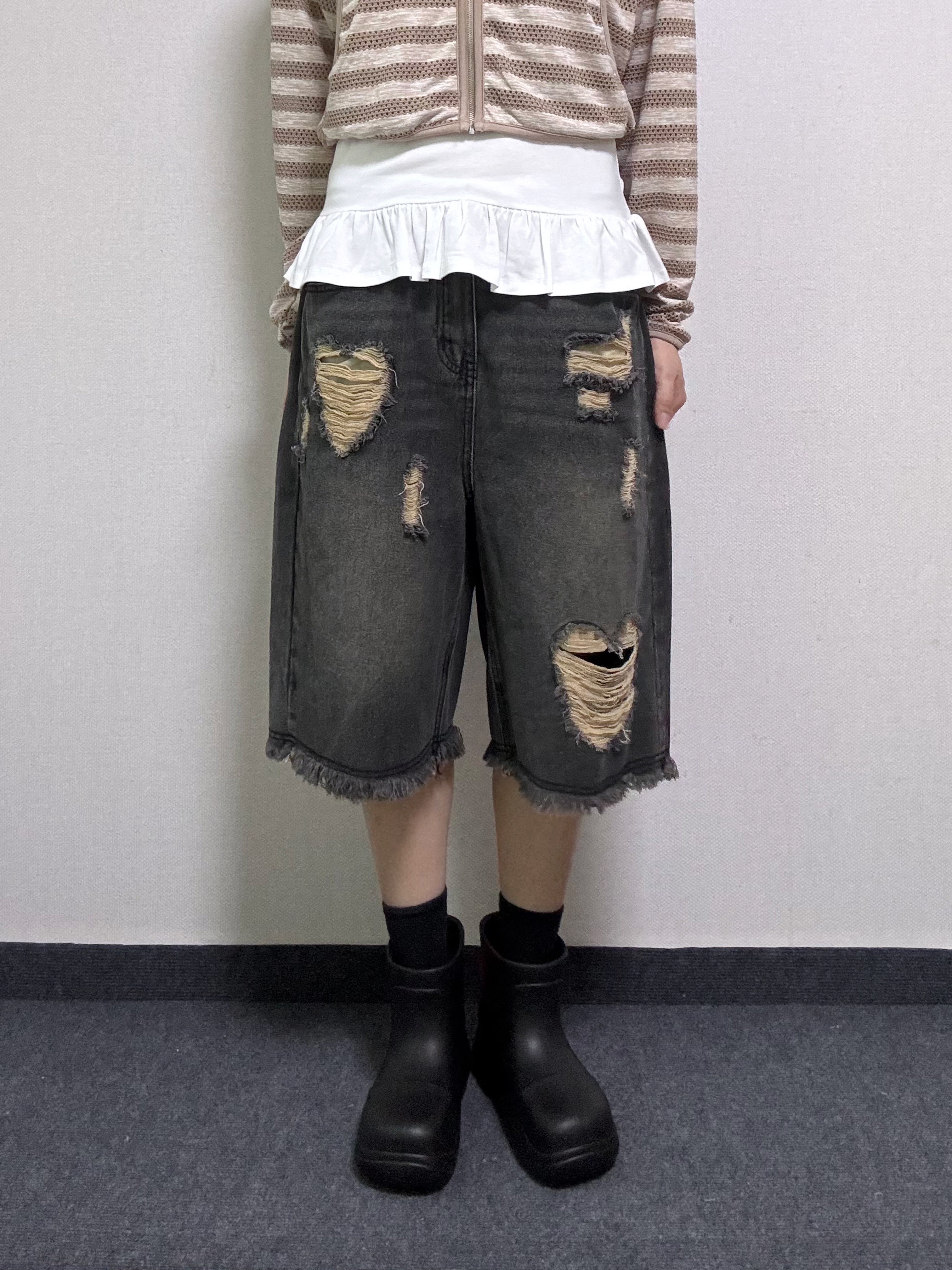 키드 데미지 데님 버뮤다 팬츠 [2Color] - 상세 이미지 2