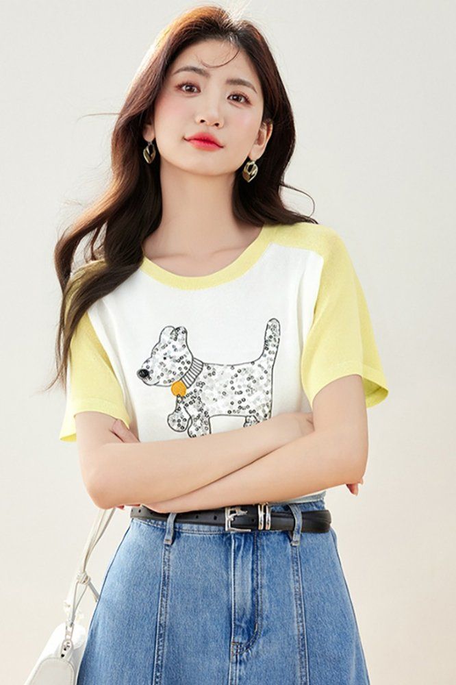 봄 여름 여성 슬림핏 강아지 캐릭터 반팔 티셔츠 캐주얼룩 데일리룩 배색 나그랑 라운드넥 - 상세 이미지 5