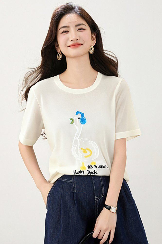 봄 여름 여성 루즈핏 캐릭터 레터링 반팔 티셔츠 캐주얼룩 데일리룩 유니크 라운드넥 포인트 - 상세 이미지 4