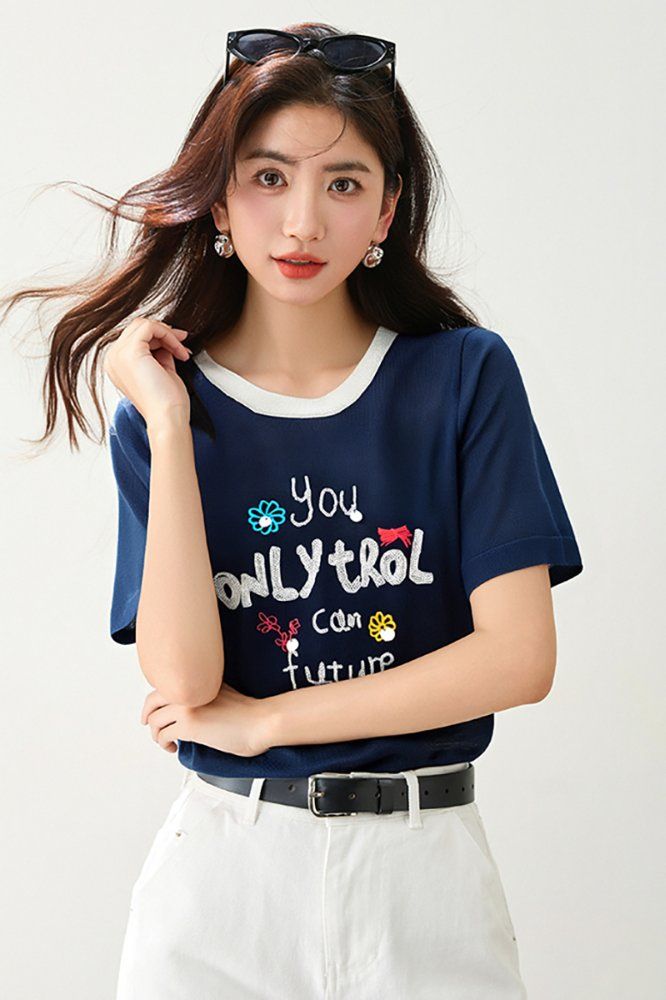 봄 여름 여성 슬림핏 레터링 플라워 반팔 티셔츠 캐주얼룩 데일리룩 배색 라운드넥 프린트 - 상세 이미지 2