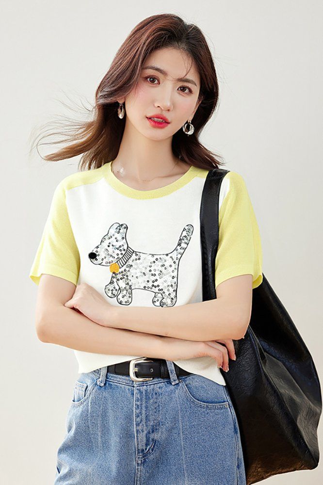 봄 여름 여성 슬림핏 강아지 캐릭터 반팔 티셔츠 캐주얼룩 데일리룩 배색 나그랑 라운드넥 - 상세 이미지 4
