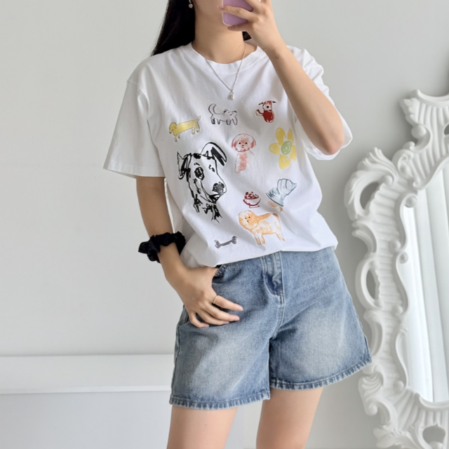 강아지 프린팅 면100 라운드넥 오버핏 흰 티셔츠 이미지 7
