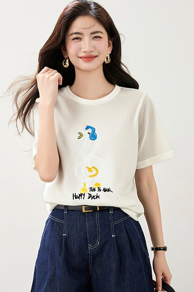 봄 여름 여성 루즈핏 캐릭터 레터링 반팔 티셔츠 캐주얼룩 데일리룩 유니크 라운드넥 포인트 - 상세 이미지 5