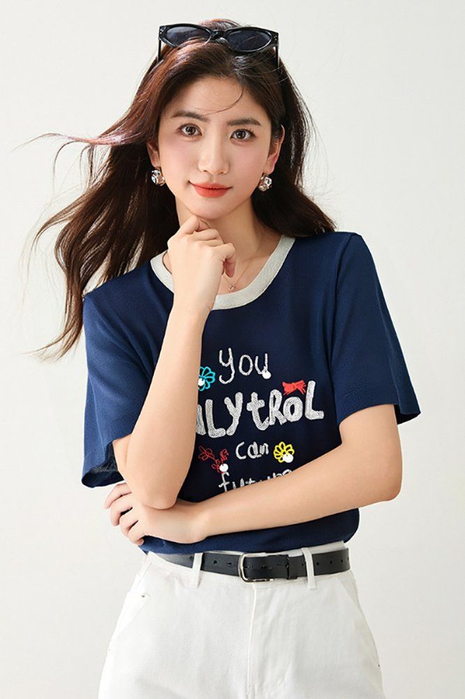봄 여름 여성 슬림핏 레터링 플라워 반팔 티셔츠 캐주얼룩 데일리룩 배색 라운드넥 프린트 - 상세 이미지 3