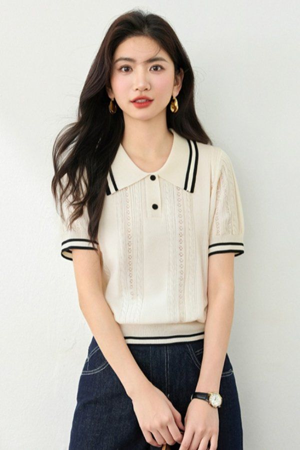 봄 여름 여성 슬림핏 배색 카라 반팔 니트 페미닌룩 데일리룩 꽈배기 패턴 버튼 포인트 - 상세 이미지 5
