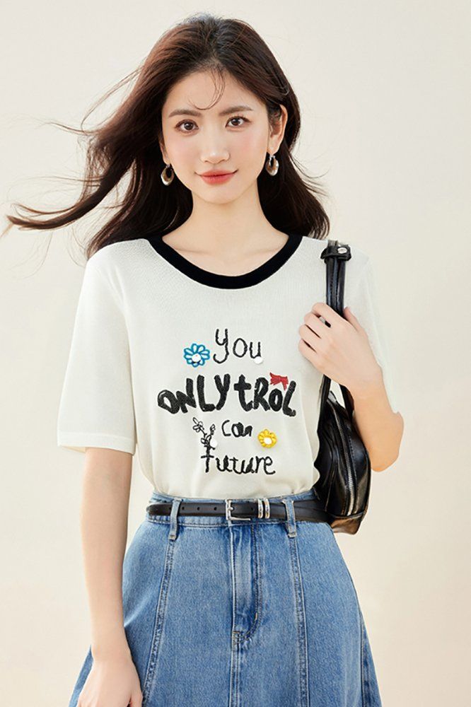 봄 여름 여성 슬림핏 레터링 플라워 반팔 티셔츠 캐주얼룩 데일리룩 배색 라운드넥 프린트 - 상세 이미지 4