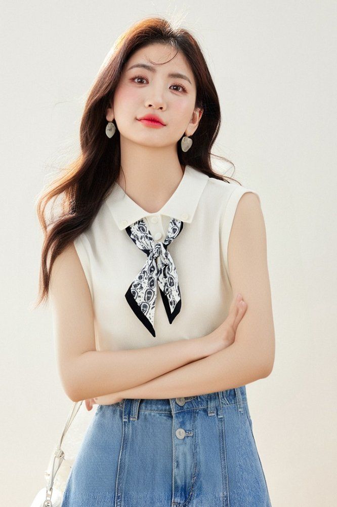 봄 여름 여성 슬림핏 스카프 세트 민소매 카라 니트 페미닌룩 오피스룩 데일리룩 포인트 - 상세 이미지 5