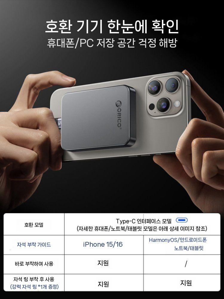 ORICO 마그네틱 외장 아이폰 전용 자기식 SSD 아이폰 휴대폰 외장하드 백업용 20Gbps 티타늄 그레이 512GB - 상세 이미지 4