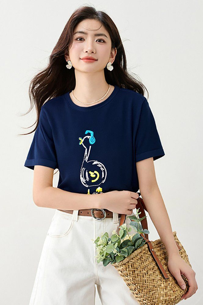 봄 여름 여성 루즈핏 캐릭터 레터링 반팔 티셔츠 캐주얼룩 데일리룩 유니크 라운드넥 포인트 - 상세 이미지 2