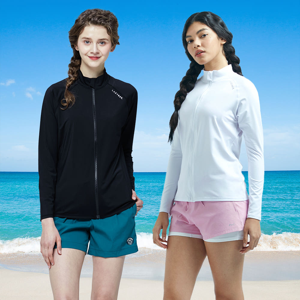 여성 래쉬가드 세트 (상의+반바지) 수영복 빅사이즈 루즈핏 집업 블랙 WRZ101