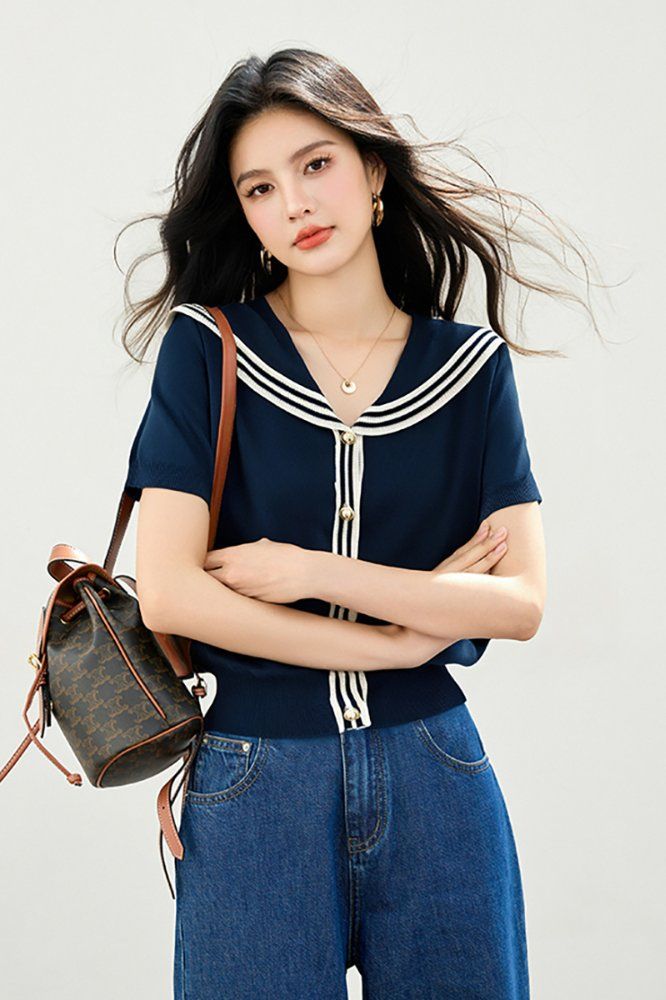 봄 여름 여성 슬림핏 세일러 카라 반팔 가디건 마린룩 데일리룩 브이넥 배색 버튼 포인트 - 상세 이미지 3