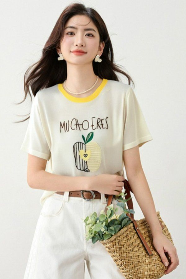 봄 여름 여성 루즈핏 과일 자수 반팔 티셔츠 아티스틱룩 데일리룩 배색 라운드넥 레터링 - 상세 이미지 5