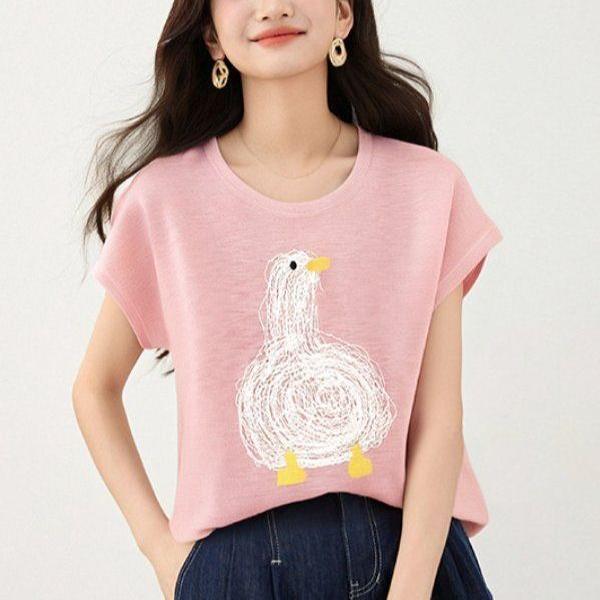 봄 여름 여성 슬림핏 캐릭터 프린트 반팔 티셔츠 스윗룩 데일리룩 귀여운 라운드넥 포인트 - 상품 이미지