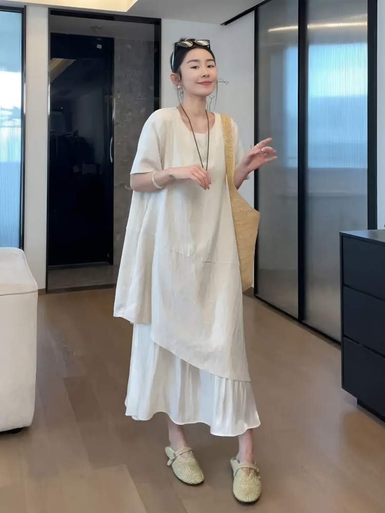 라운드넥 빅사이즈 반팔롱원피스 루즈핏 레이어드 스타일 가짜투피스 프렌치 디자인 베이지화이트 - 상세 이미지 2