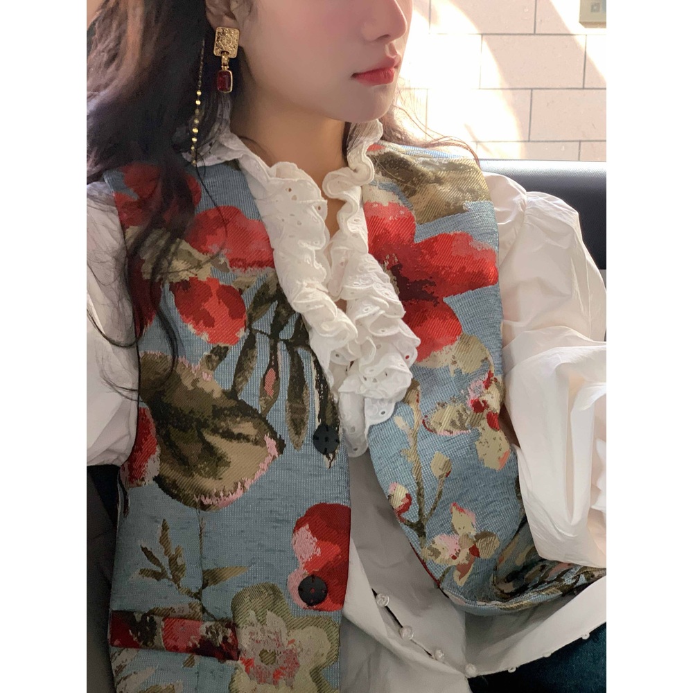 프릴 러플 블라우스 셔츠 루즈핏 프렌치 감성 무드 유니크 여자 연예인 패션 디자인 화이트 - 상세 이미지 2