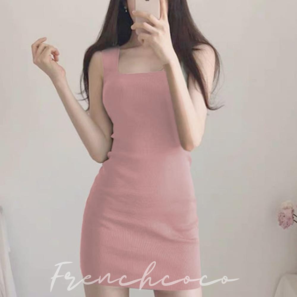 프렌치코코 나시 원피스 몸매부각 슬림핏 미니 스퀘어넥 라인 스판 - 메인 이미지