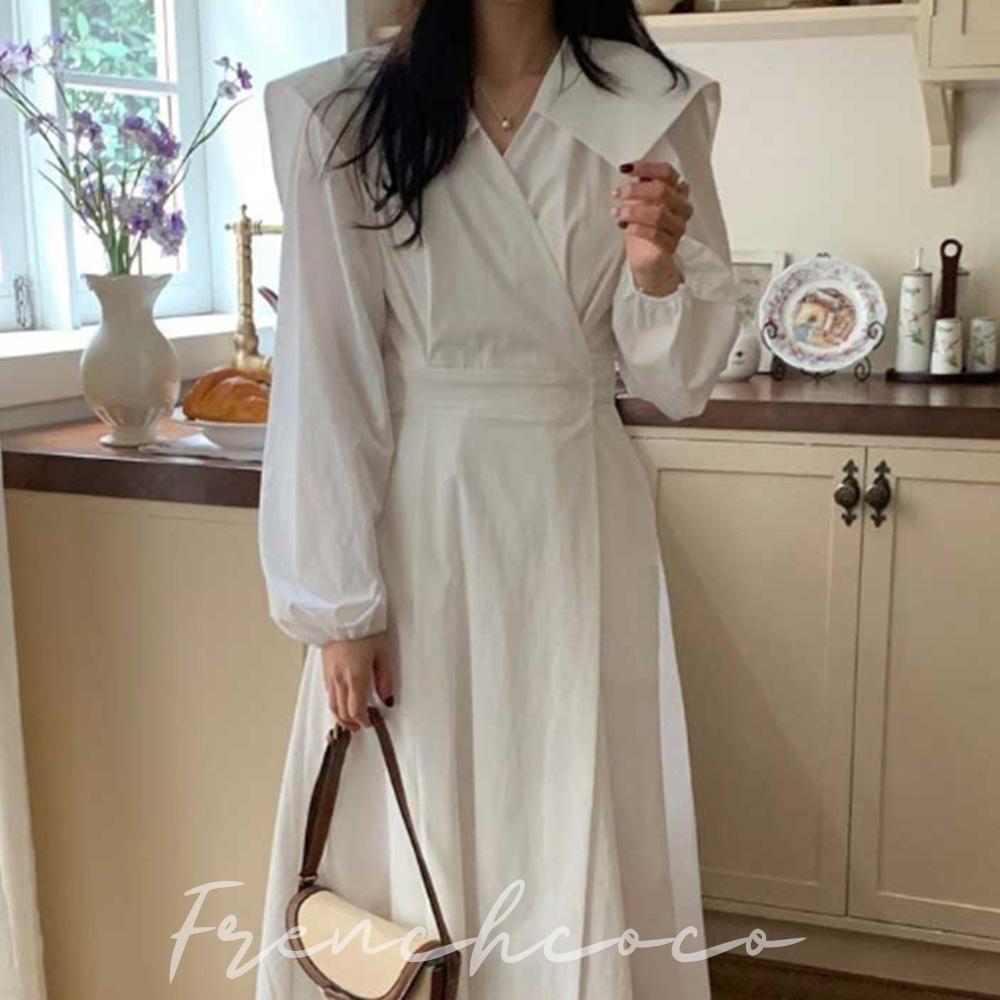 프렌치코코 허리스트링 원피스 카라 어깨 셔링 랩 단정한 - 상품 이미지