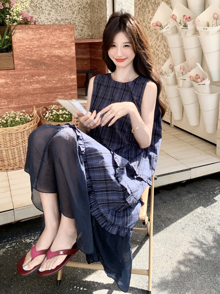 체크 프릴 민소매롱원피스 레이어드 밑단쉬폰소재포인트 언발란스 디자인 스타일 빈티지네이비 - 상세 이미지 5