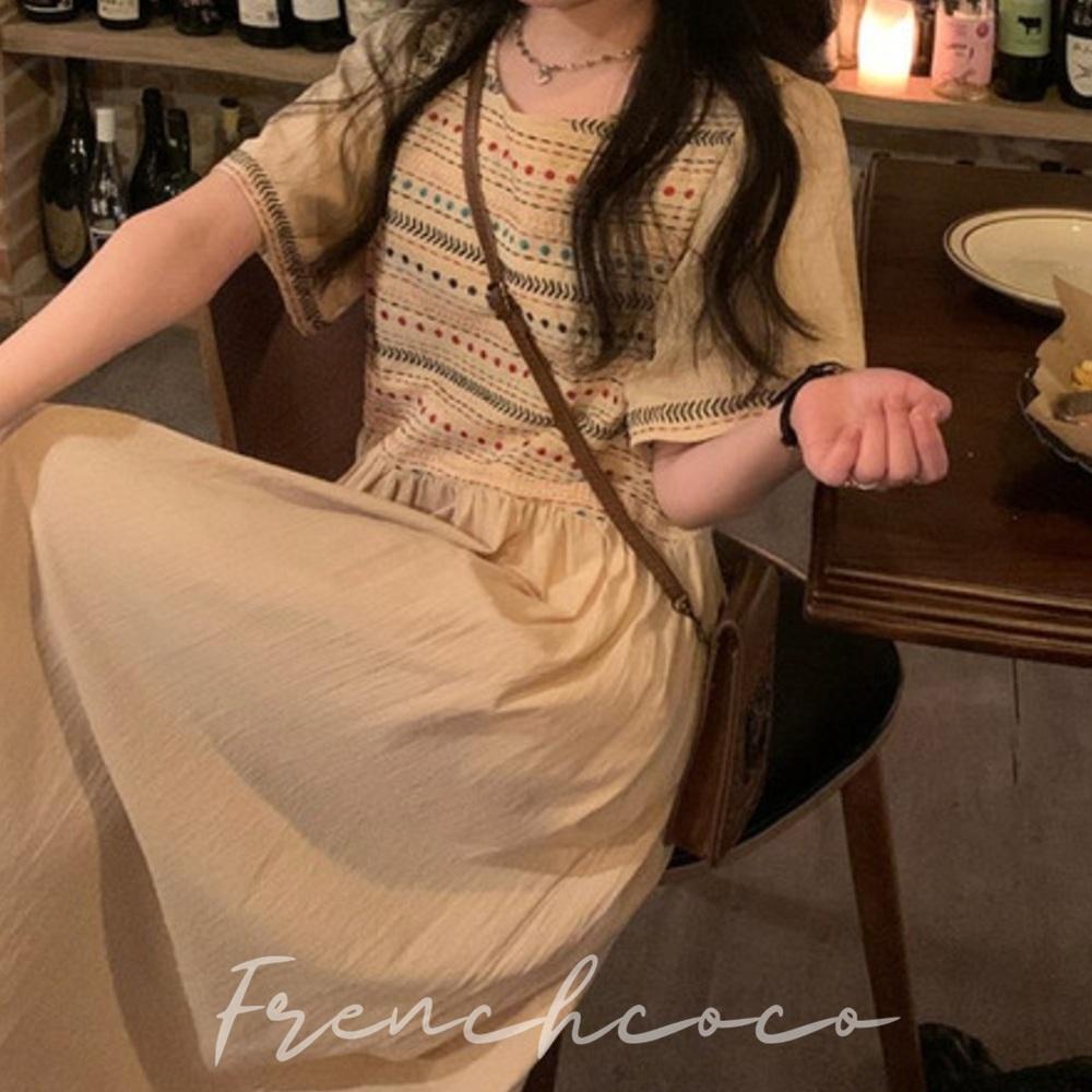 프렌치코코 에스닉 원피스 펀칭 자수 린넨 루즈핏 - 상품 이미지